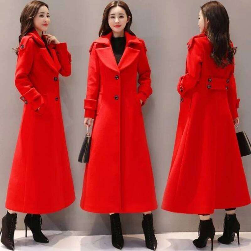 Women's Long 2023 Spring Autumn New Korean Waist Slimming Over-Knee Thick Keep Warm Woolen Coat Lady Overcoat