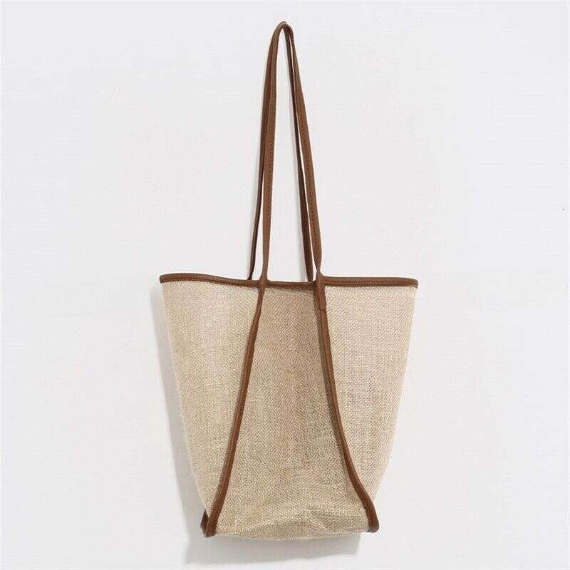 Korean Style Patchwork Color-Block Bucket for Women Versatile Cotton Linen Canvas Shoulder Underarm Large Capacity Mother-Daughter Tote Bag Trendy
