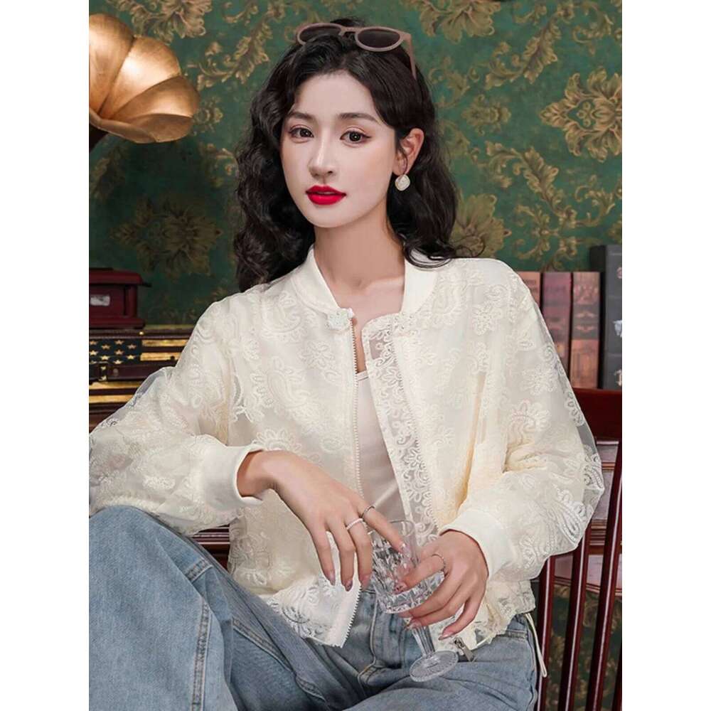 Fashion Embroidered Sunscreen Short Coat Women 2025 Spring Summer New Lace Mesh Jacket