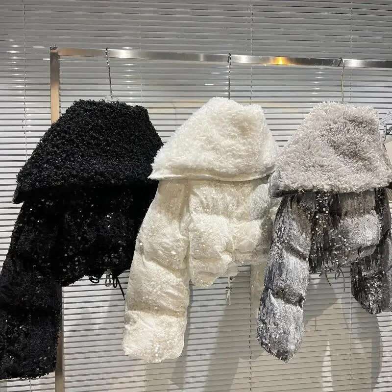 Autumn Winter Women Cotton-padded Coat Fleece Navy Collar Shiny Sequins Veet Short Parkas Casual Loose Female Wadded Jackets