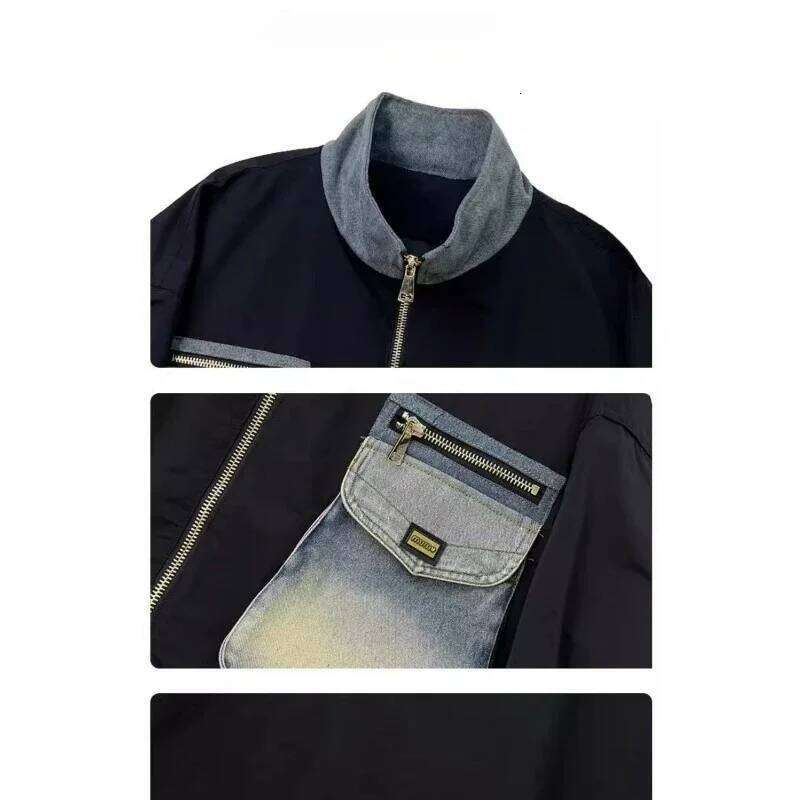 Women's Fashion Pocket Contrast Color Standing Collar Jacket Clip Cotton Thickening European Long Sleeve Denim Splicing Coat