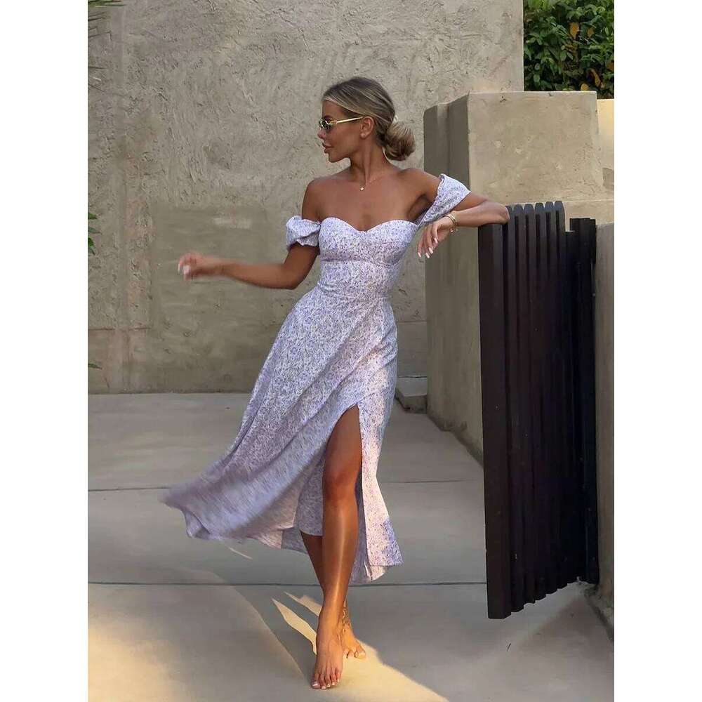 Wolfeel Women's Off Shoulder Floral Summer New Fashionable Slit Long Slim Fit Print Dress Sexy Hot Girl Evening Dresses