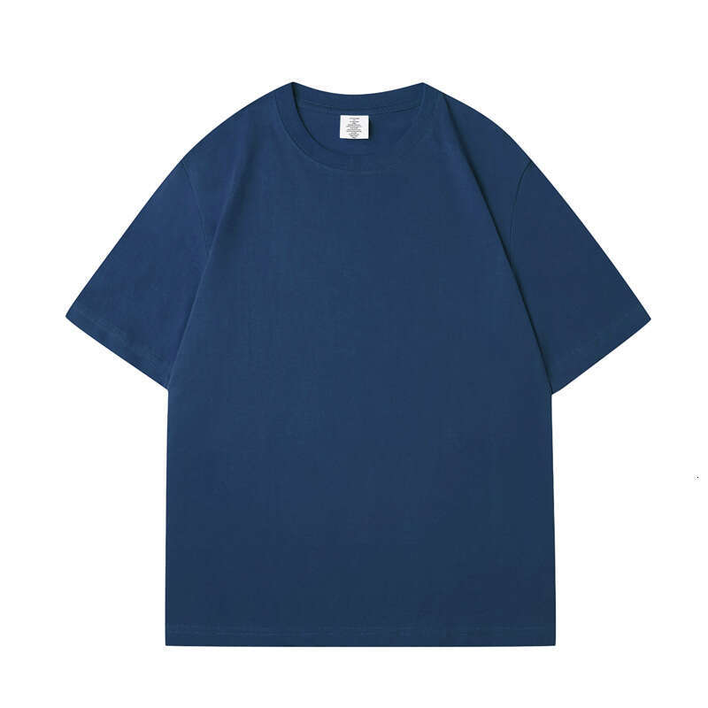 Short Sleeve Summer Round Neck 230g Pure Cotton Tee Small Neckline Solid Color Youth Unisex Regular Shoulder T-Shirt-Tibetan Blue