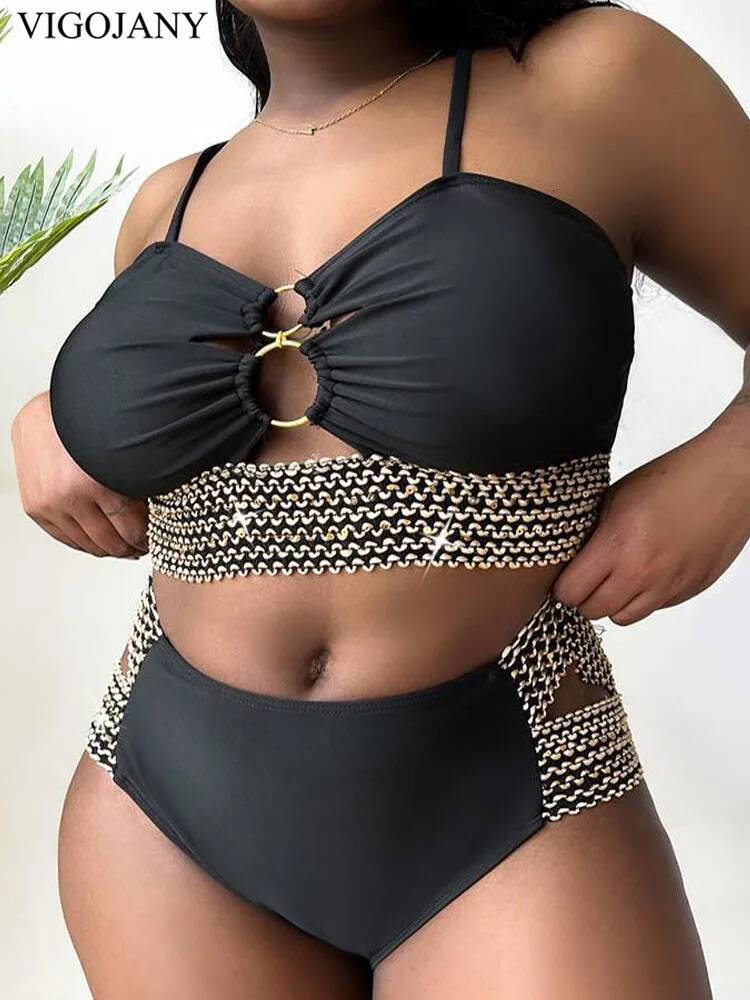 VigoJany 2025 Patchwork Hollow Two Piece Plus Size Bikini Women Strapped High Waist Swimsuit Brazilian Beach Lady Bathing Suit