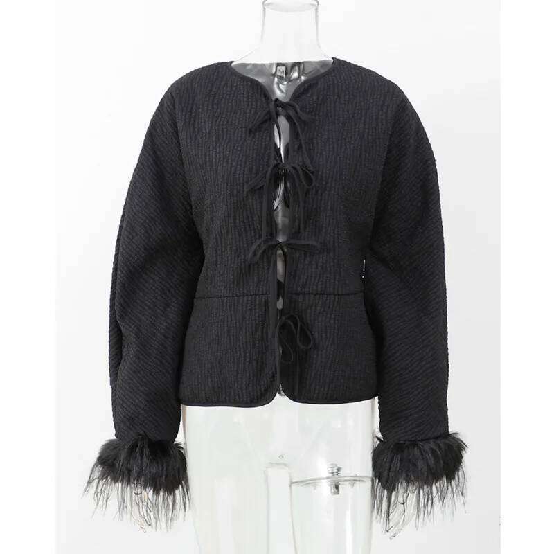 Black Spliced Feather Cuff Lace Up Coat Women Fashion O Neck Long Sleeve Quilted Loose Jacket 2024 Autumn Lady Chic Streetwear