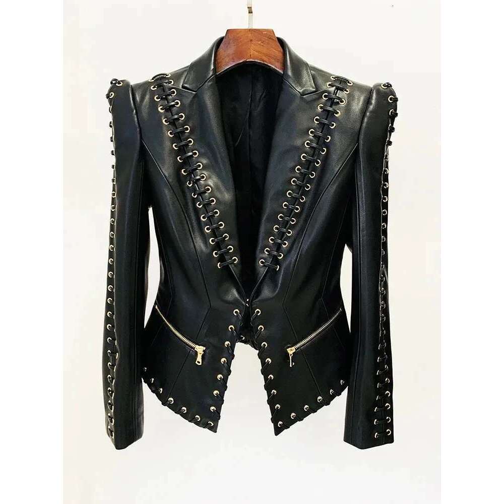 Lautaro Spring Autumn Short Black Fitted Pu Leather Blazer Jacket Women Long Sleeve Elegant Designer Lace Up Clothes