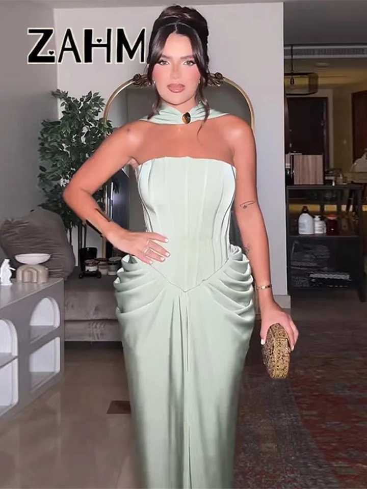 Elegant Pleated Party Long Dress Women With Scarf Satin Sleeveless Backless Evening A-line Dresses 2025 Summer Lady Robes XJ250610