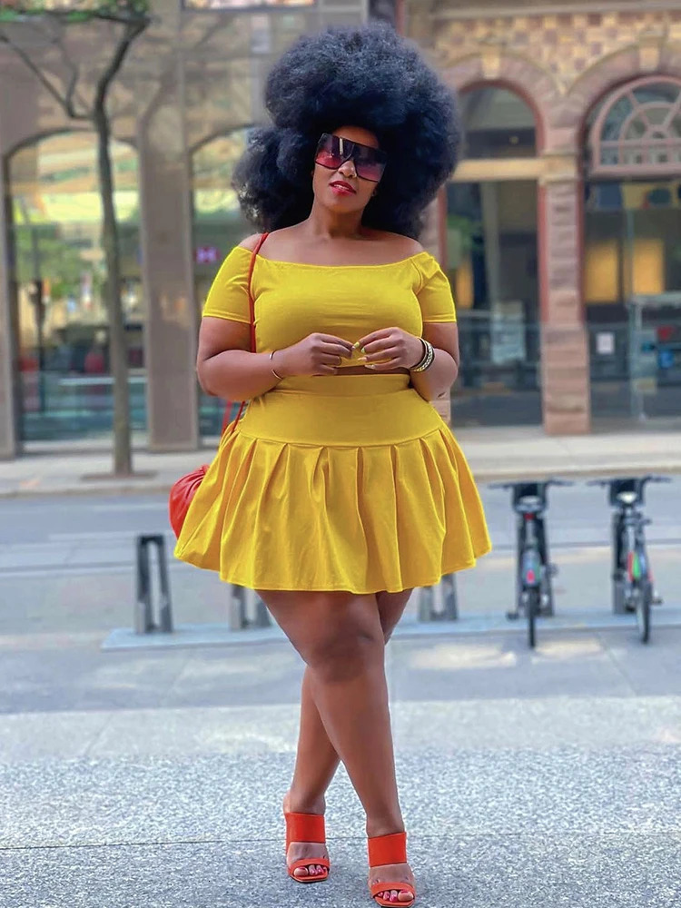 5xl Plus Size Women Clothing Wholesale Summer Outfits Crop Tops and Pleated Skirt Tracksuit Sweet Dress Suits Drop 250609