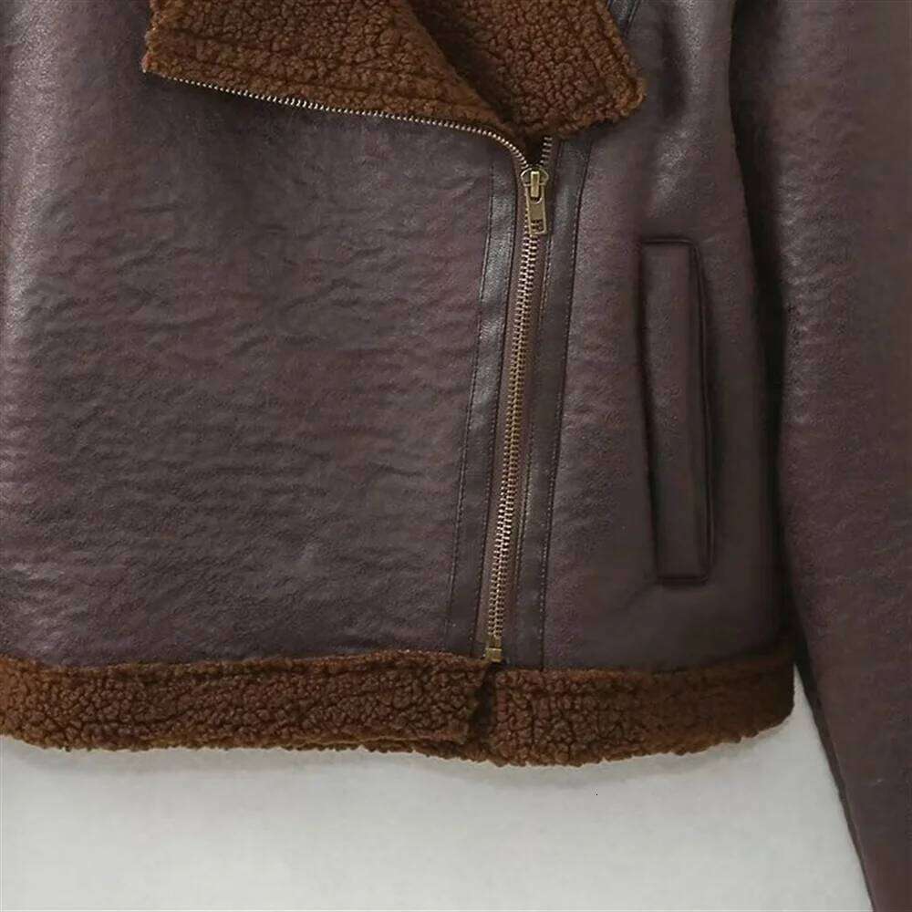 TRAF Autumn New Product Women's Fashion Casual Motorcycle Short Leather Jacket Long Sleeve Coat