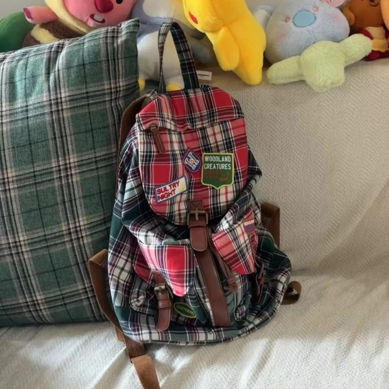 Vintage Plaid Casual Contrast Color Backpacks Preppy Streetwear Fashion Womens Bags Y2k Students Retro Ins All Match Schoolbags 250606