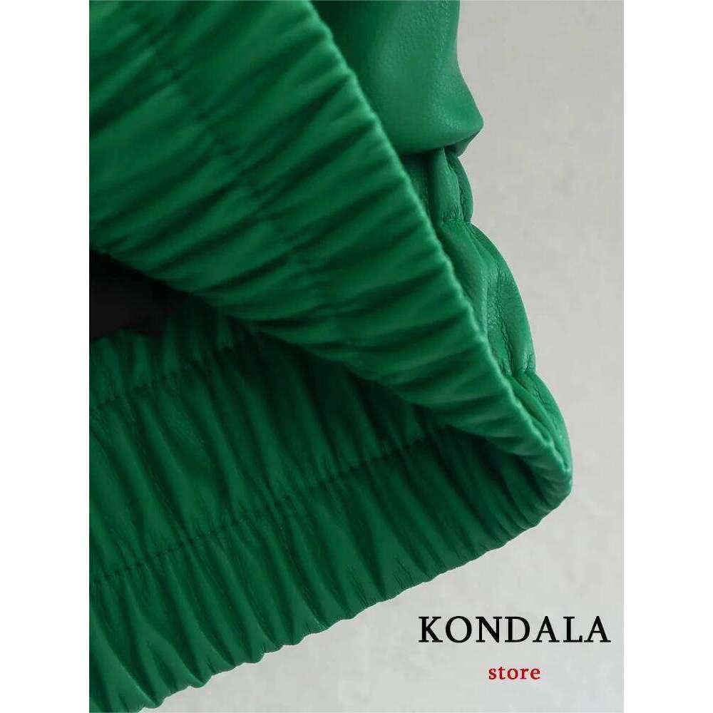 KONDALA Vintage Green Leather Loose Jackets Women Long Sleeve Single Buttons Turn Down Collar Coats Fashion 2022 Outwears