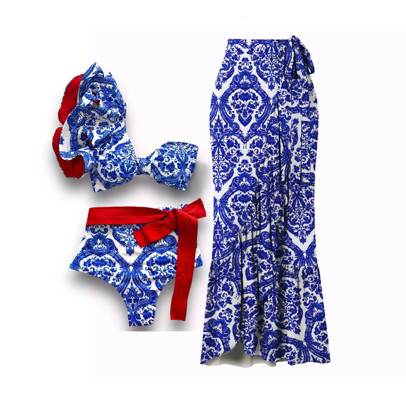 Printed Two Pieces Women Swimsuit With Cover Up Shoulder Ruffle Bikini Set Sexy Strappy Swimwear Female Biquini Swim Suit Beach