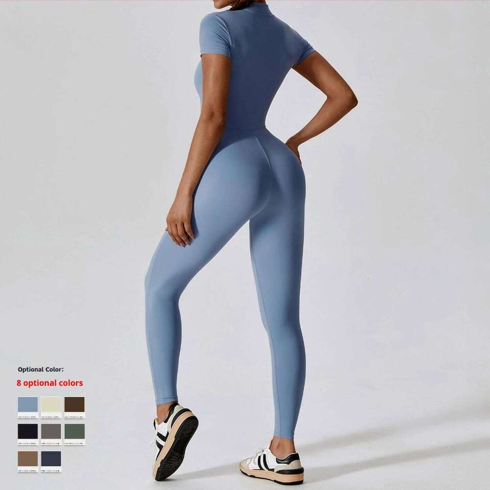 Zipper Short-sleeved Nude Yoga Jumpsuit Women Wear Bodybuilding Bodysuit