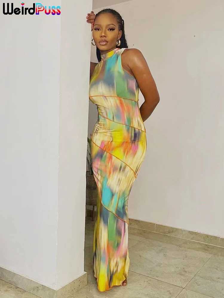Weird Puss Colorful Print Dress Women Summer Trend Sleeveless Patchwork Skinny Elastic Bodycon Birthday Party Clubwear Dresses XJ250610