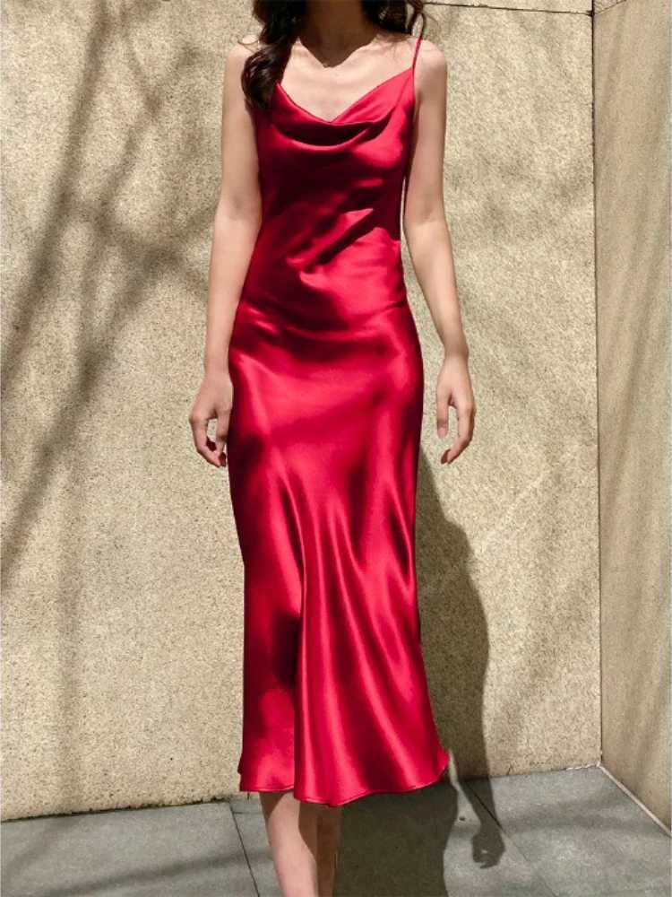 Women Satin Solid Color Swinging Collar Evening Dress Elegant Party Dresses New Summer Sexy Spaghetti Strap Backless Maxi Dress XJ250610