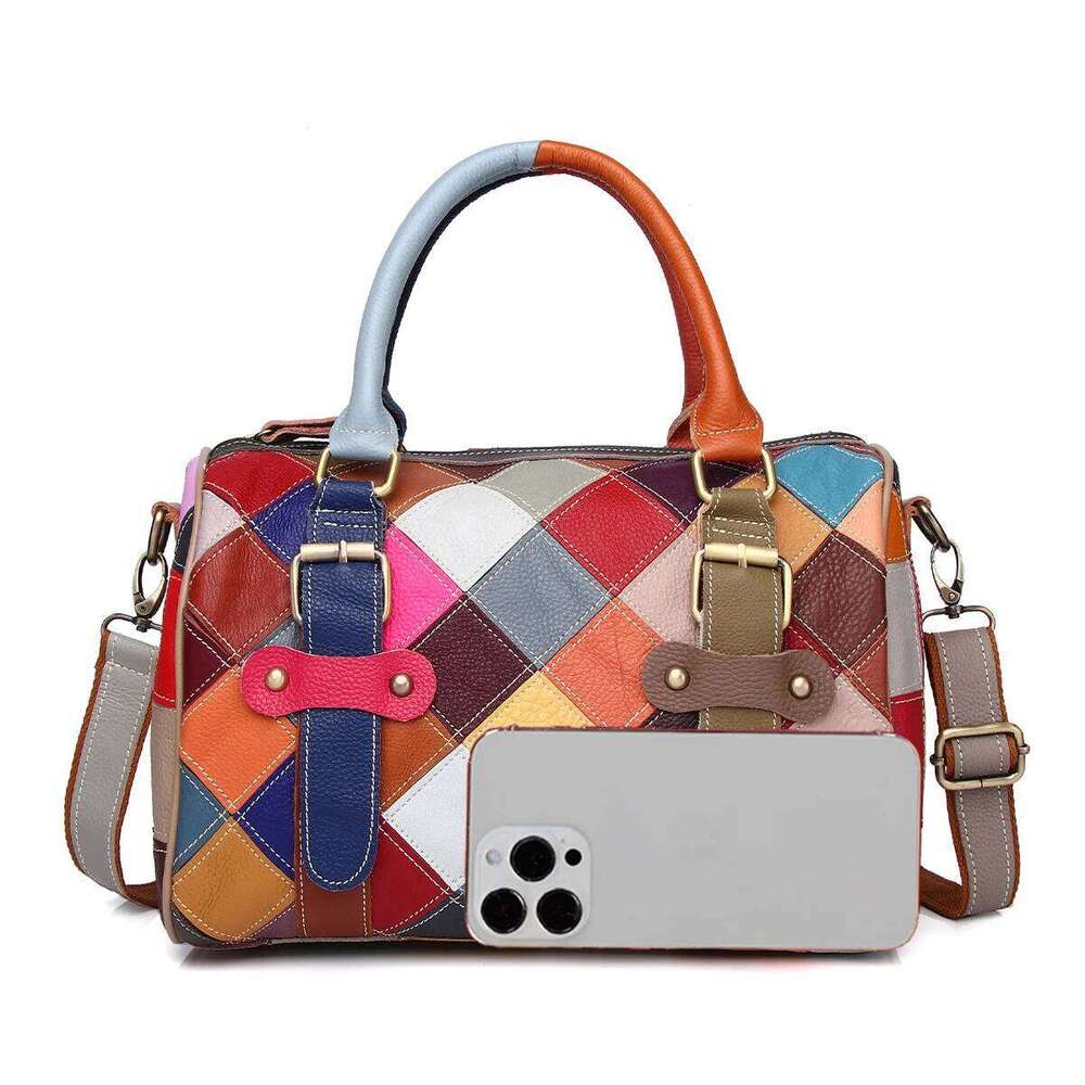 Fashion Genuine Leather Patchwork Handbag Plaid Color Contrast One Shoulder Ladies Boston Women Pillow Bag