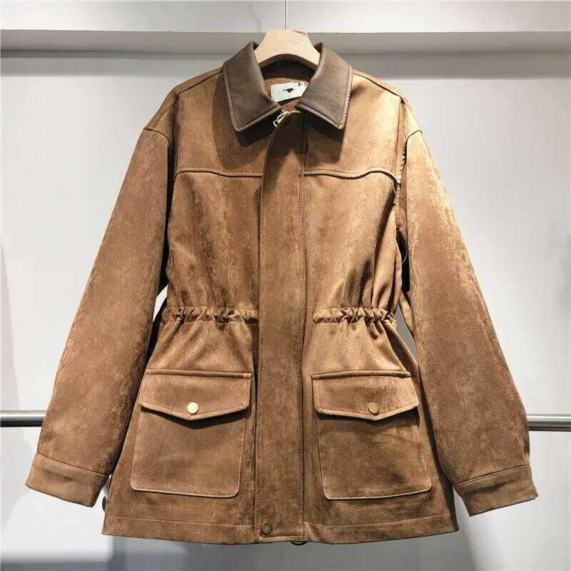 WTHT Trendy Vintage Women's Waist-slimming Suede Fabric Loose Coat 2024 Winter Turn-down Collar Long Sleeve Jacket Female 1LS609
