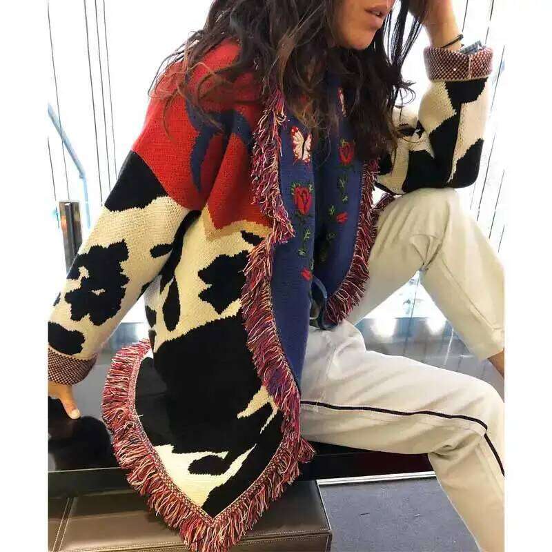 Hand-Made Jacquard Fringed Trims Long Sleeve Cardigan Winter Clothes Women