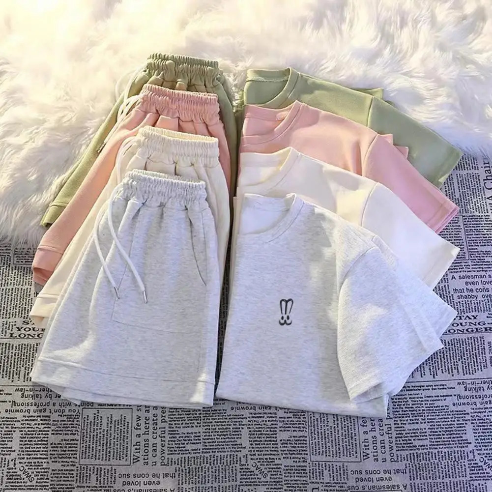 Women Suit Versatile Womens Tracksuit Set Stylish Round Neck T-shirt Elastic Waist Shorts Suit for Outfit 2 Pcs/set Lady 250609