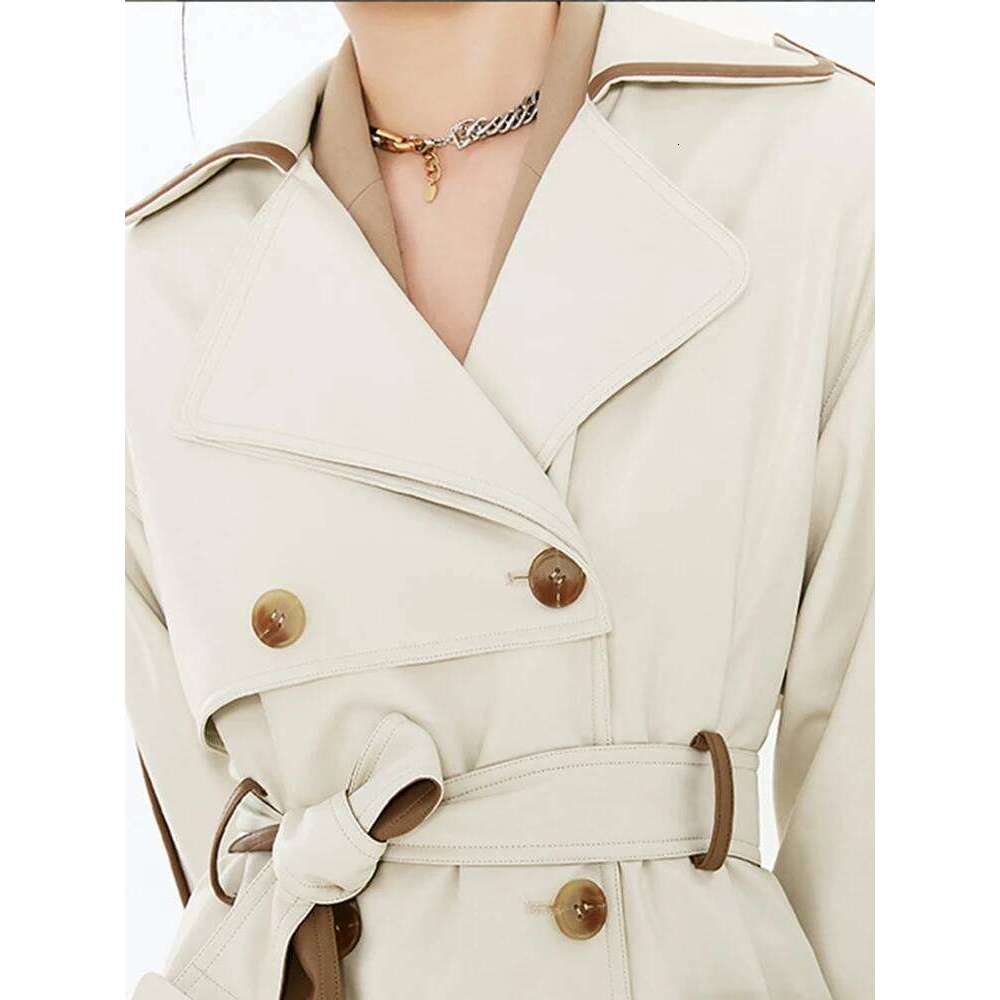 Lautaro Spring Autumn Long Color Block Pu Leather Trench Coat for Women Belt Pockets Designer Loose Stylish Clothes 2022