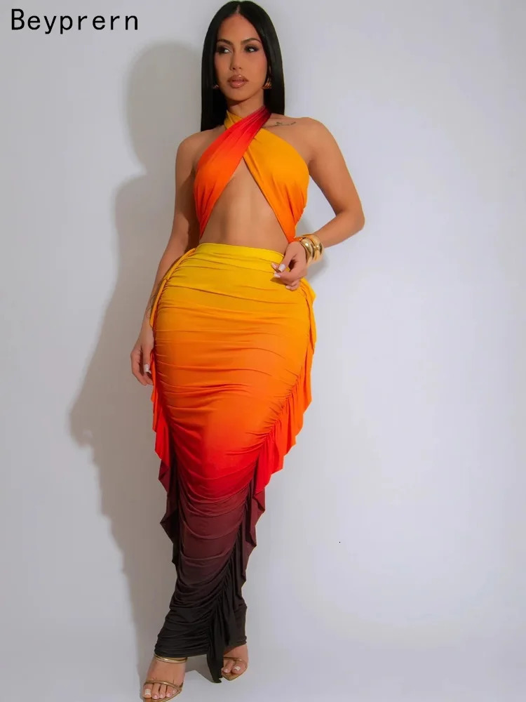 Beyprern Tropical Goddess Halter Neck Crop Top And Maxi Skirt Set Summer Womens Tie Dye Ruched Two-Piece Dress Night Clubwear 250609