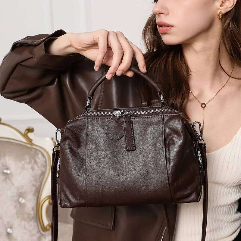 Niche European Style 2025 New Fashion Cow Leather Versatile Vintage Commuter Crossbody Boston Shoulder Bag Handbag For Women