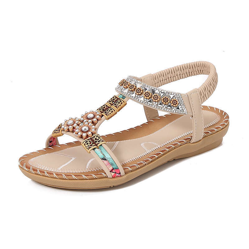 2025 Yasi Run New Bohemian for Women Summer Rhinestone Evening Breeze Flat Round Peep Open Toe Sandals