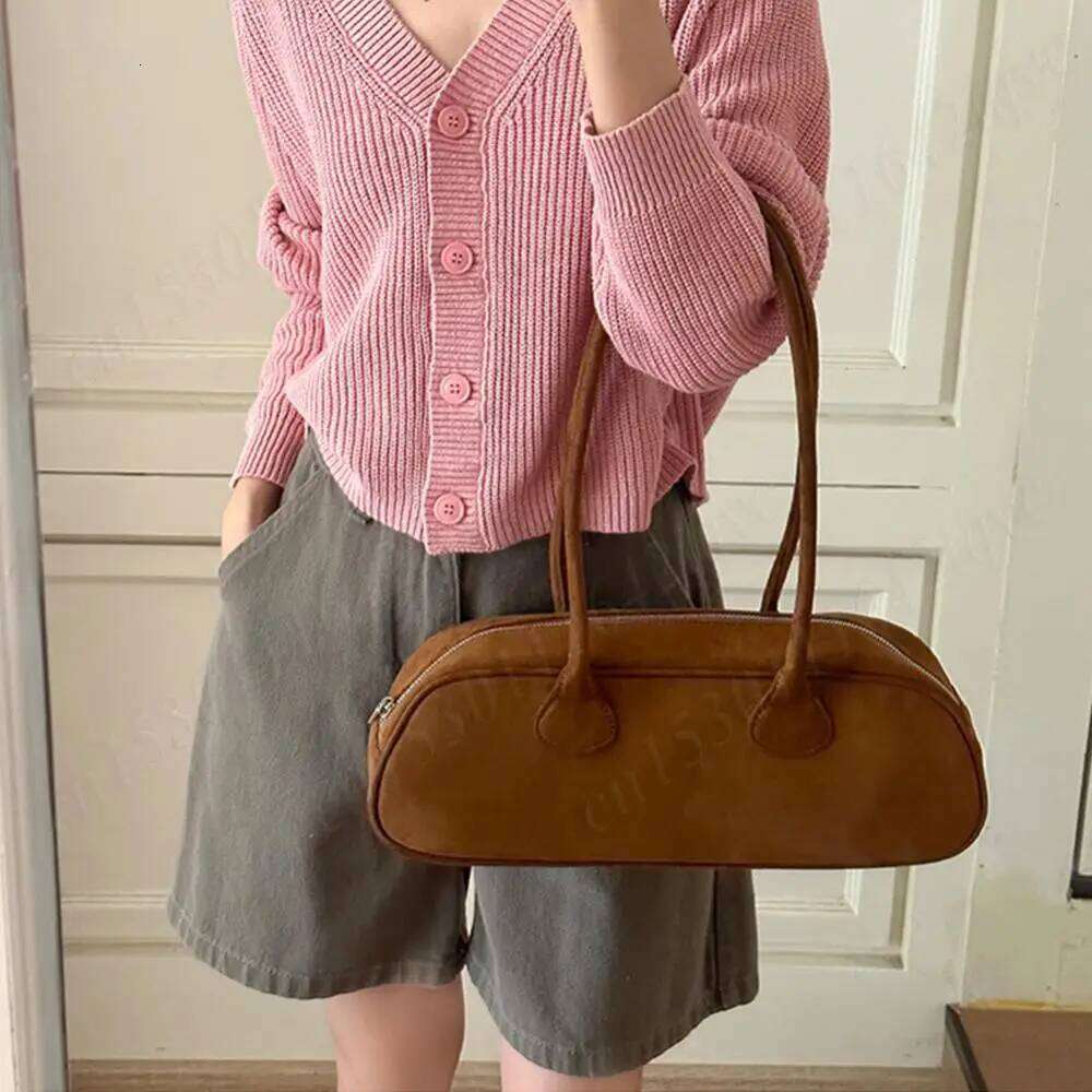 Women Boston Tote Suede Shoulder Bag Zipper Bowling Handbag Solid Color Multi-Pocket Clutch Purse For Shopping Travel