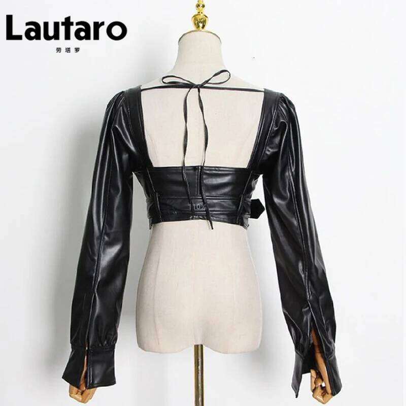 Lautaro Y2k Black Faux Leather Crop Top Women Square Neck Long Sleeve Zipper Cropped Jacket 2021 Sexy Backless Fashion 5Xl 6Xl