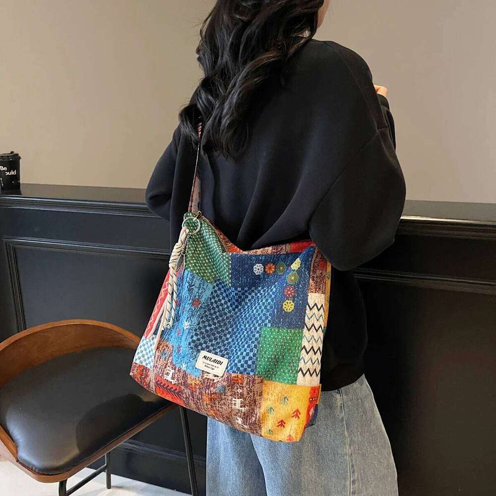 New Ethnic Style Patchwork Single Shoulder Crossbody Bag Simple Casual Large Capacity Canvas Commuting Storage Bags