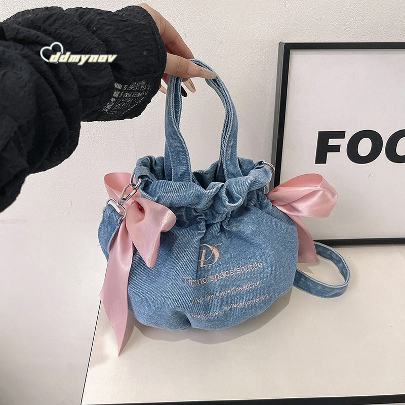 Cherry Blossom Fan Strap Fresh Style Drawstring Bucket Cute Girl Bowknot Shoulder Bag Large Capacity Handbag ddmynov