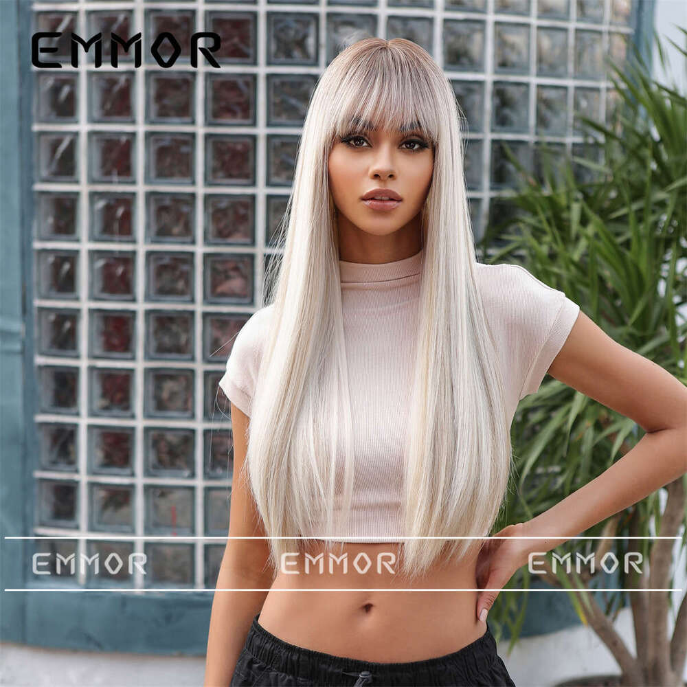 2024 New Product Bangs Champagne Brown Long Straight Elegant Goddess Wig Full Head Hairstyle Hair