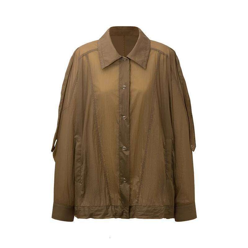 DEAT Fashion Khaki Micro Transparent Sunscreen Shirt Women's Lapel Loose Fit Single Breasted Blouse Summer New 7Ab9501