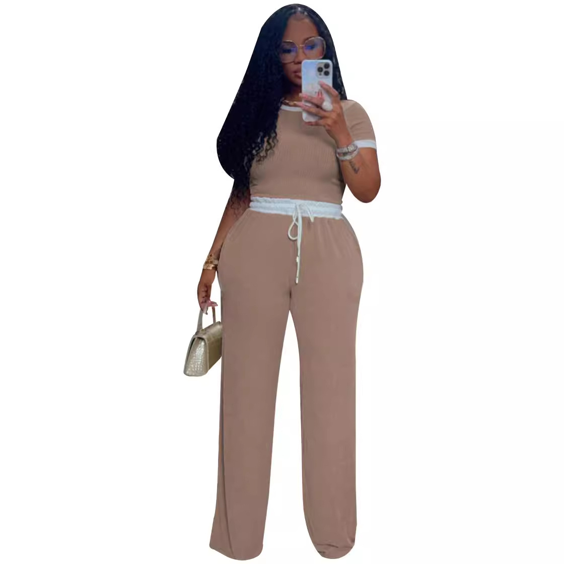 Designer women set Summer casual street daily ribbed color-blocking round-neck short-sleeved pants set Women sportswear two-piece long pants set