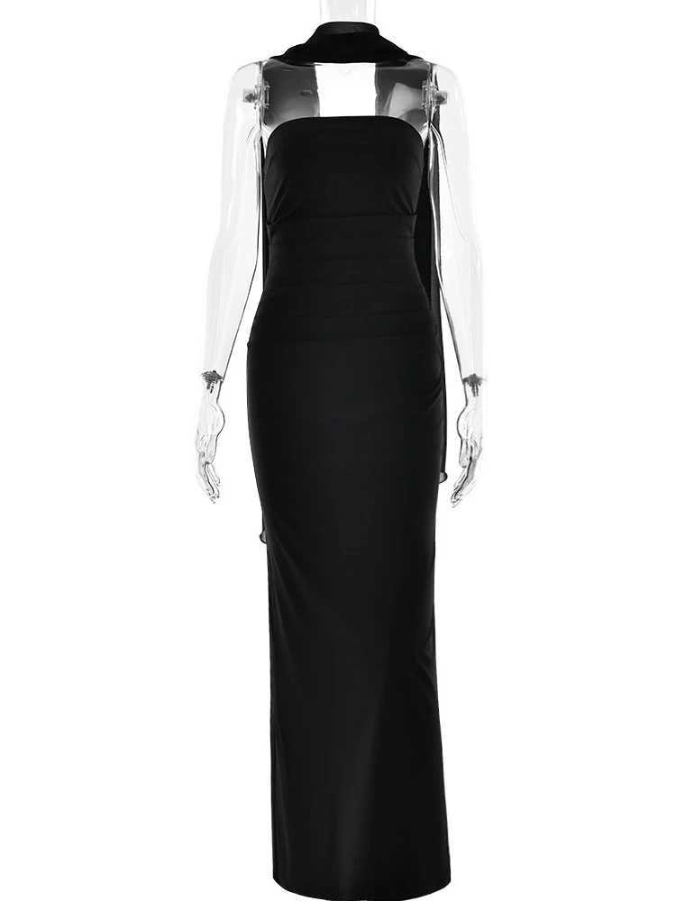XIAOTANG Scarf Collar Strapless Sexy Maxi Dress for Women Fashion Off-shoulder Backless Bodycon Club Party Long Dress Elegant XJ250610