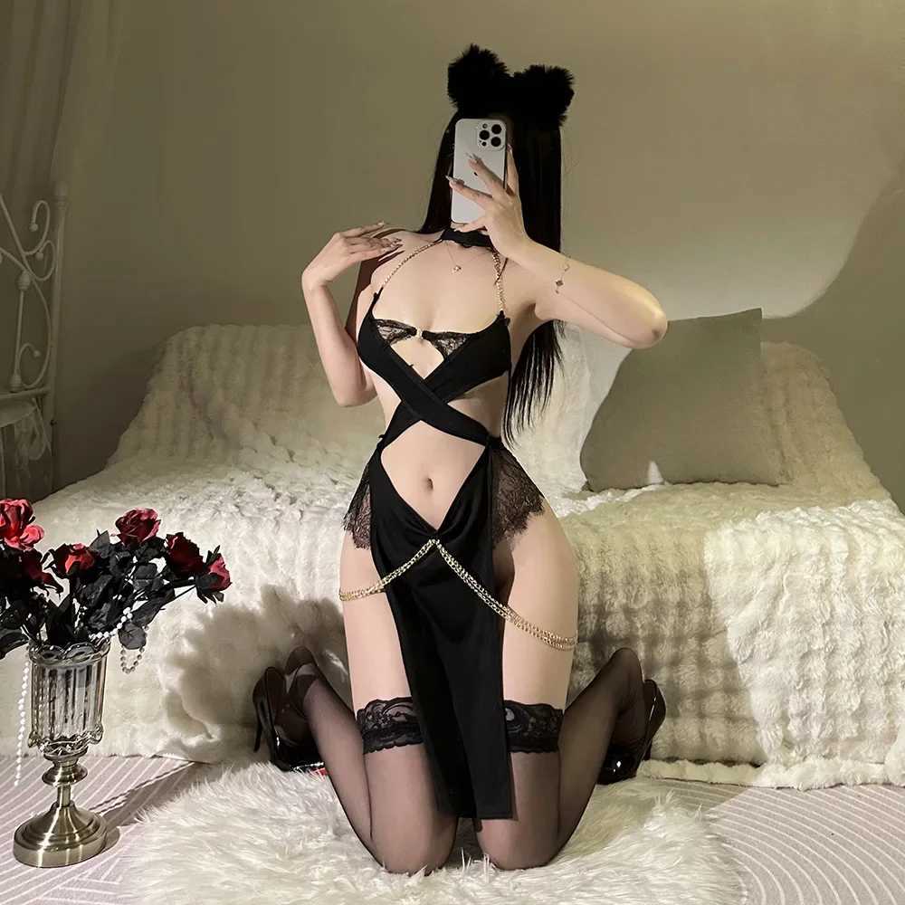 Women Cosplay Catgirl Uniform Halloween Evil Cat Women Sexy Lingerie Set Cross Strip Metal Chain Dress Women Role Play Costumes R250610