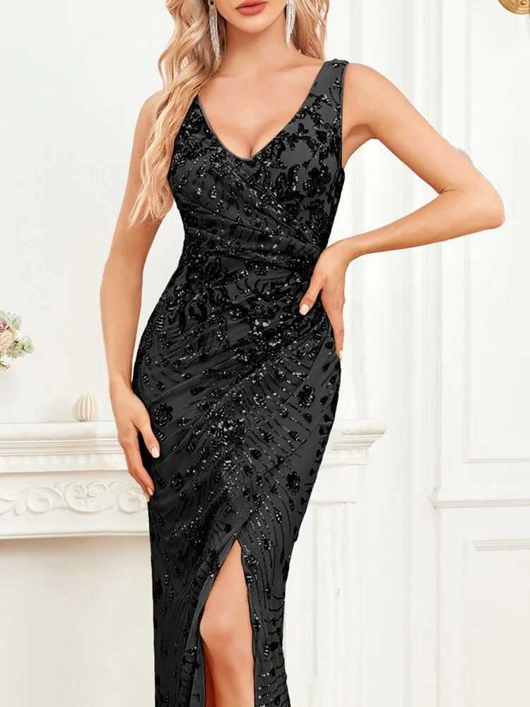 Elegant Slit Evening Dress 2024 Women Long Mermaid Formal Sequins Sexy V-neck Cocktail Wedding Party Prom Dresses XJ250610