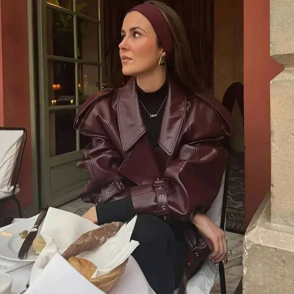 Pop Fashion Lapel Belt Crop Coat Women Elegant Long Sleeved Zipper Pu Jackets Lady Streetwears Clothing Leather Jacke