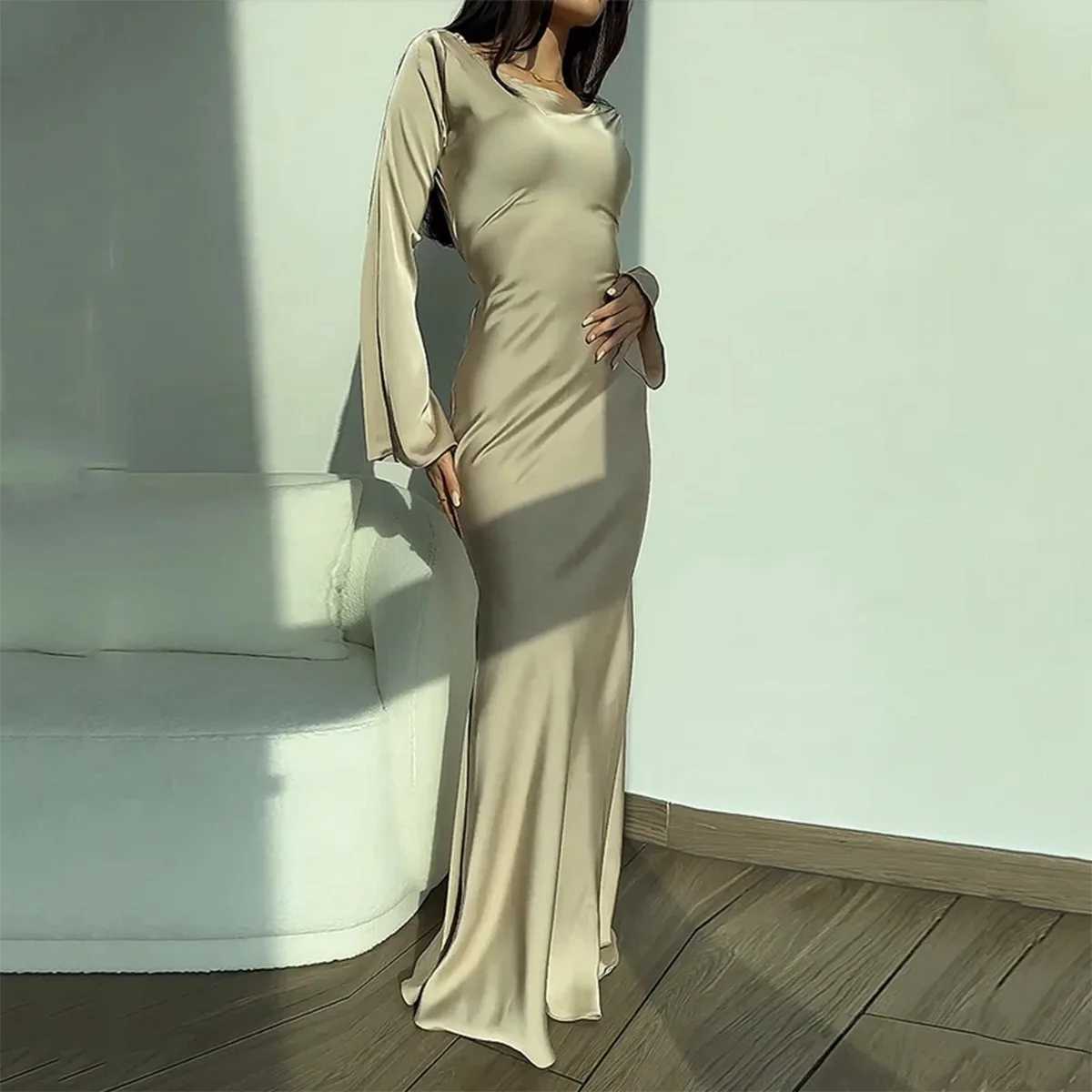 Women Spring Summer Long Dresses Elegant Evening Party Maxi Dress O Neck Solid Flare Sleeve Lace Up Bodycon Slim Lady Dresses XJ250610