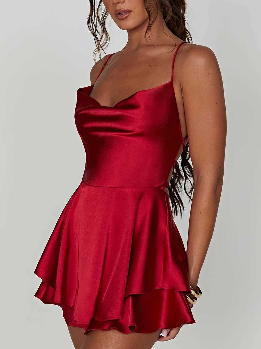 Satin Silk Women Sexy Cami Playsuits Dress Solid Cowl Neck Sleeveless Short Jumpsuits Summer Cross Tie-Up Backless Romper XJ250610