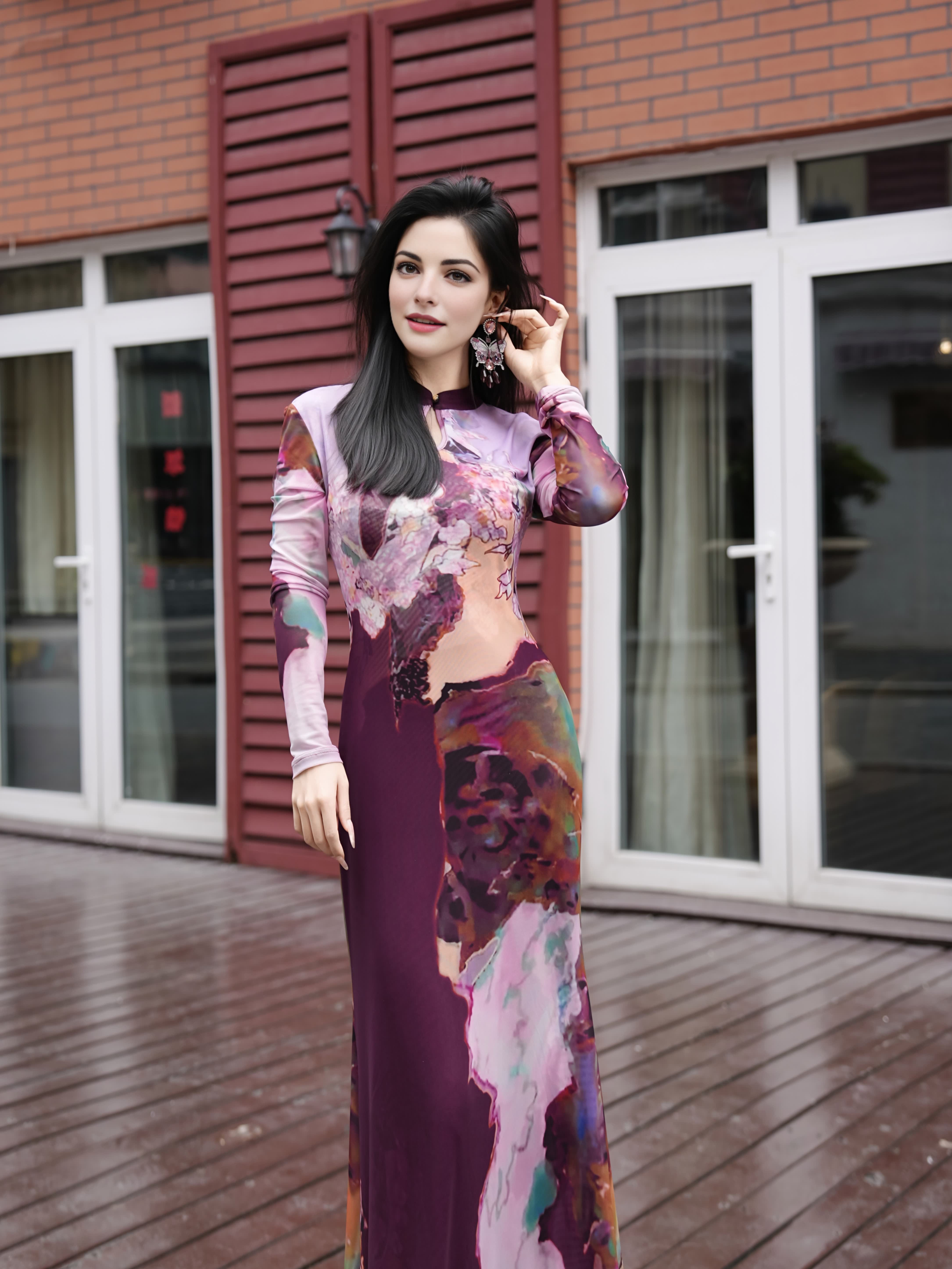 HZHJ original designer style red purple ink shadow dress, French slimming, high-end western-style, light luxury