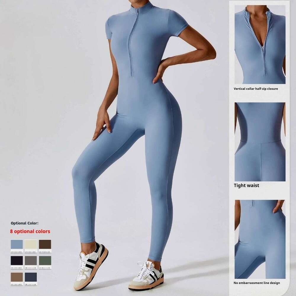 Zipper Short-sleeved Nude Yoga Jumpsuit Women Wear Bodybuilding Bodysuit
