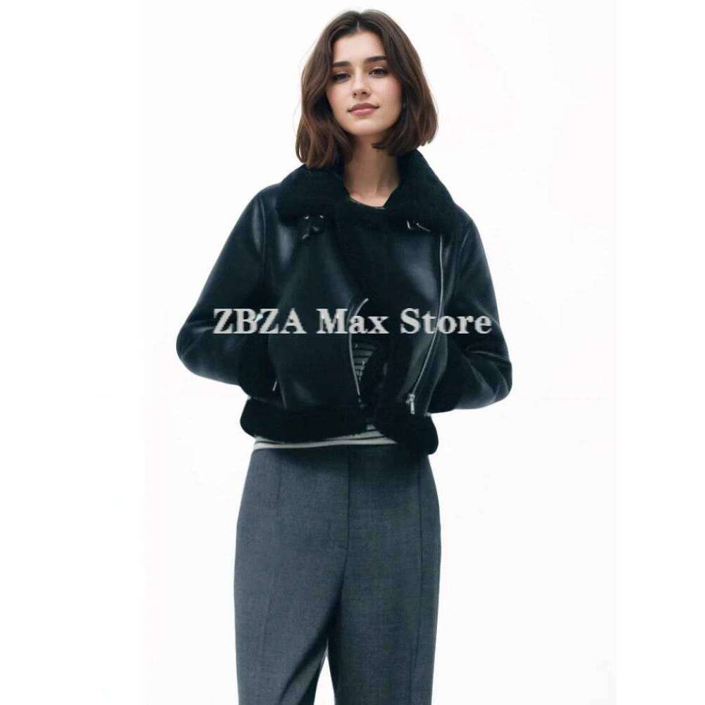 ZBZA Women Bomber Warm Jacket Coat Lapel Long Sleeve Pocket Zip Tie At Neckline Faux Leather Outerwear Fall Winter Female PU Top