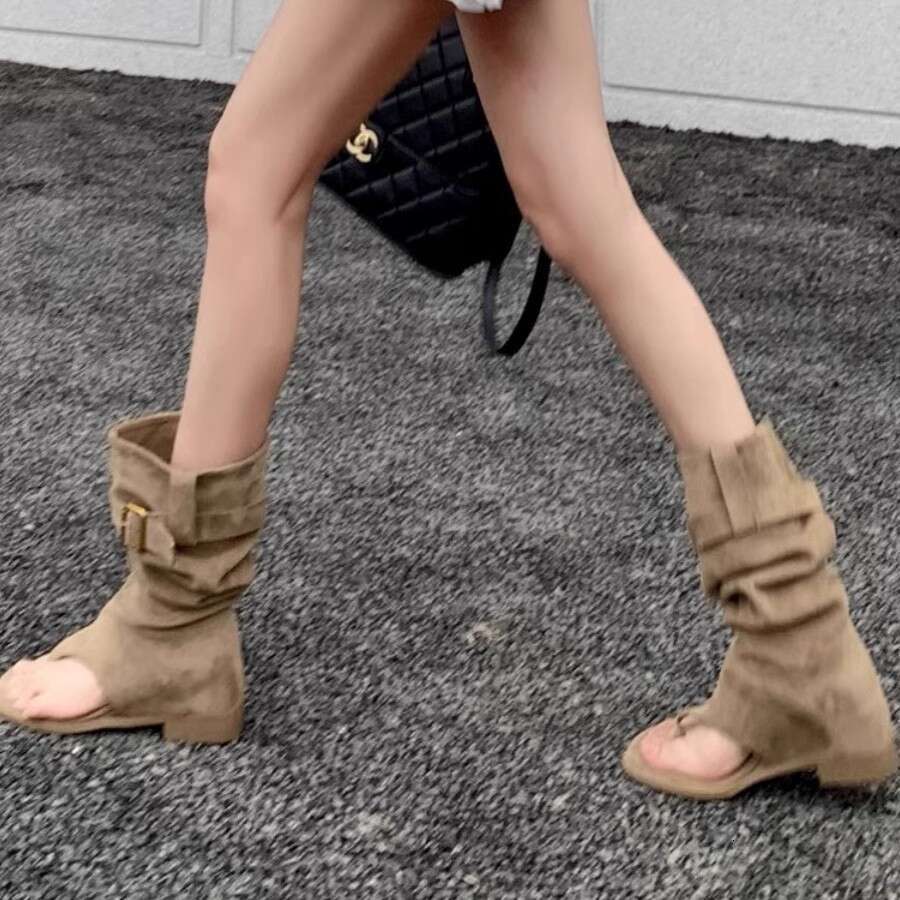 Yanshun~ Instant Hair Square Toe Clip for Women Summer New Style Hot Girl Western Cowboy Flat Stacked Boots Sandals