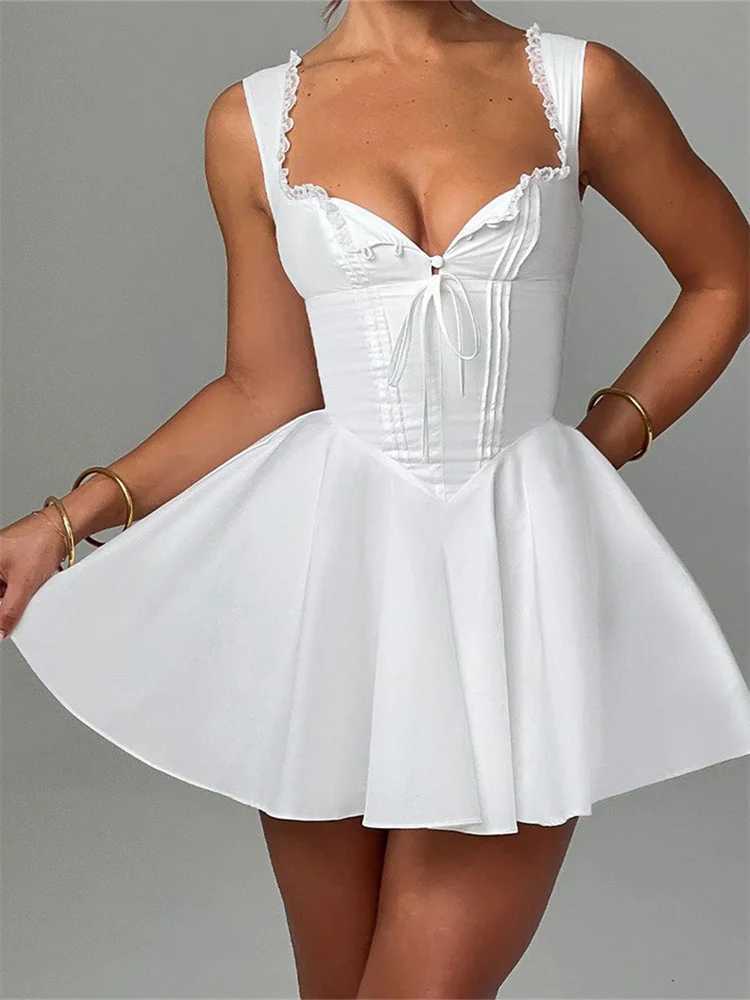 CHRONSTYLE Elegant Women Short Mini A-Line Dress Deep V Neck Backless Ruffles Hem Sleeveless Dress for Party Club Dresses 2024 XJ250610