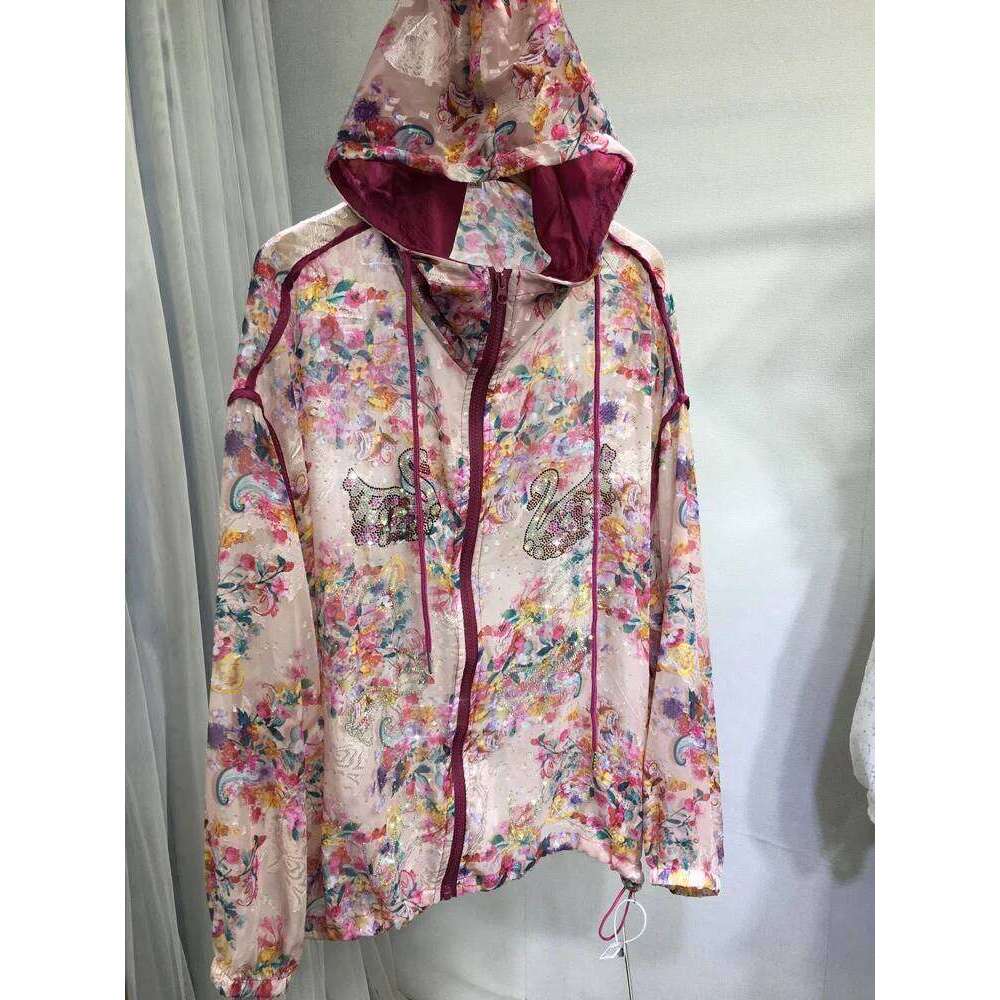 Women Zip Air Conditioning Top High Quality Hot Drill Floral Sunscreen Shirt Spring Summer Thin Hooded Cardigans Coat