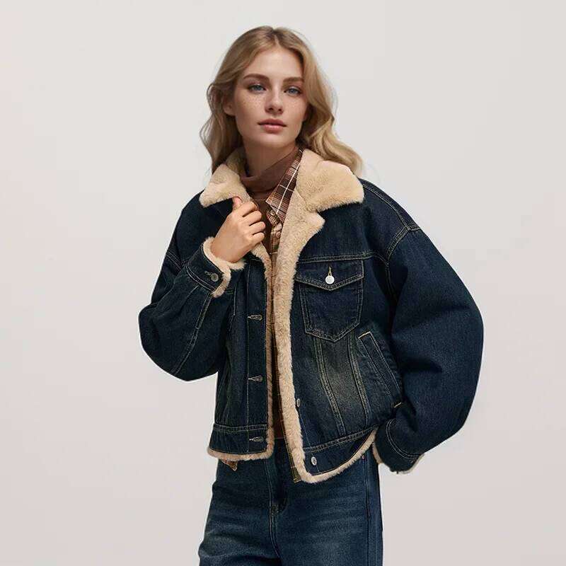 Semir Denim Women Patchwork Imitation Rabbit Fur Lapel Loose 2024 New Winter Quilted Jacket