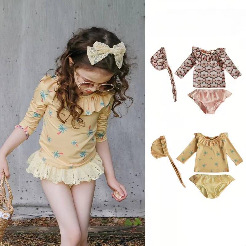 Korean Long Sleeved Sunscreen Swimsuit for Girls Cute Baby Split Swimwear Bikini Beach Bathing Suit Swimming Clothes