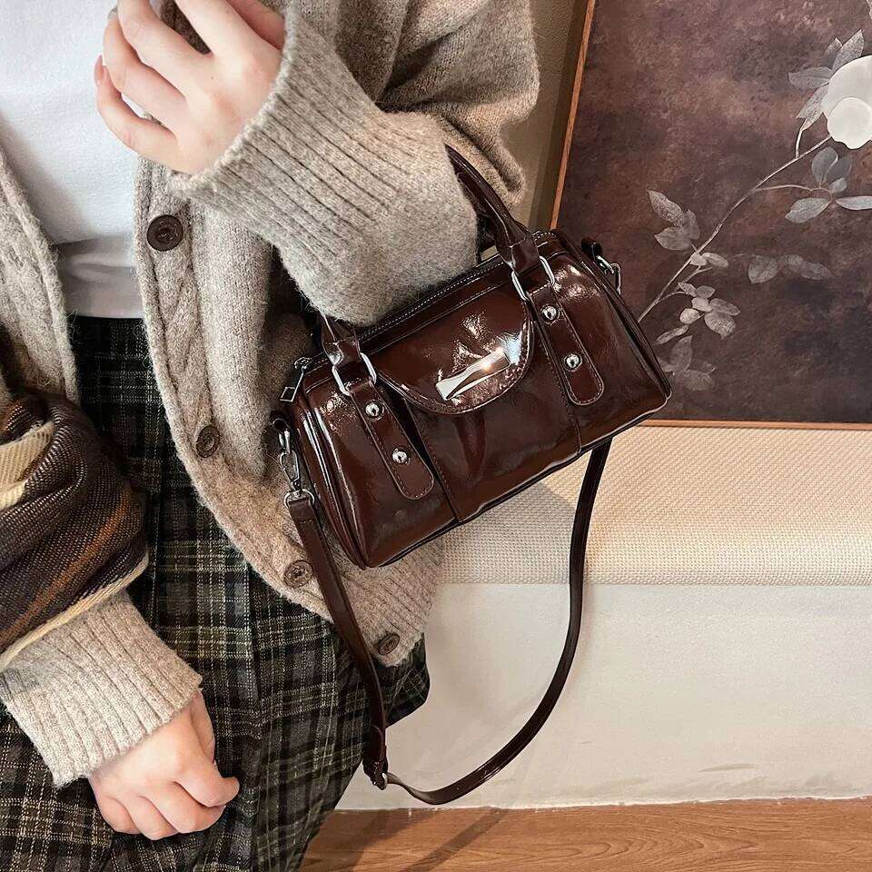 Mini Top-Handle For Women Bright Oil PU Leather Pure Color Shoulder Crossbody Bags 2025 Latest Designer Handbag Sac