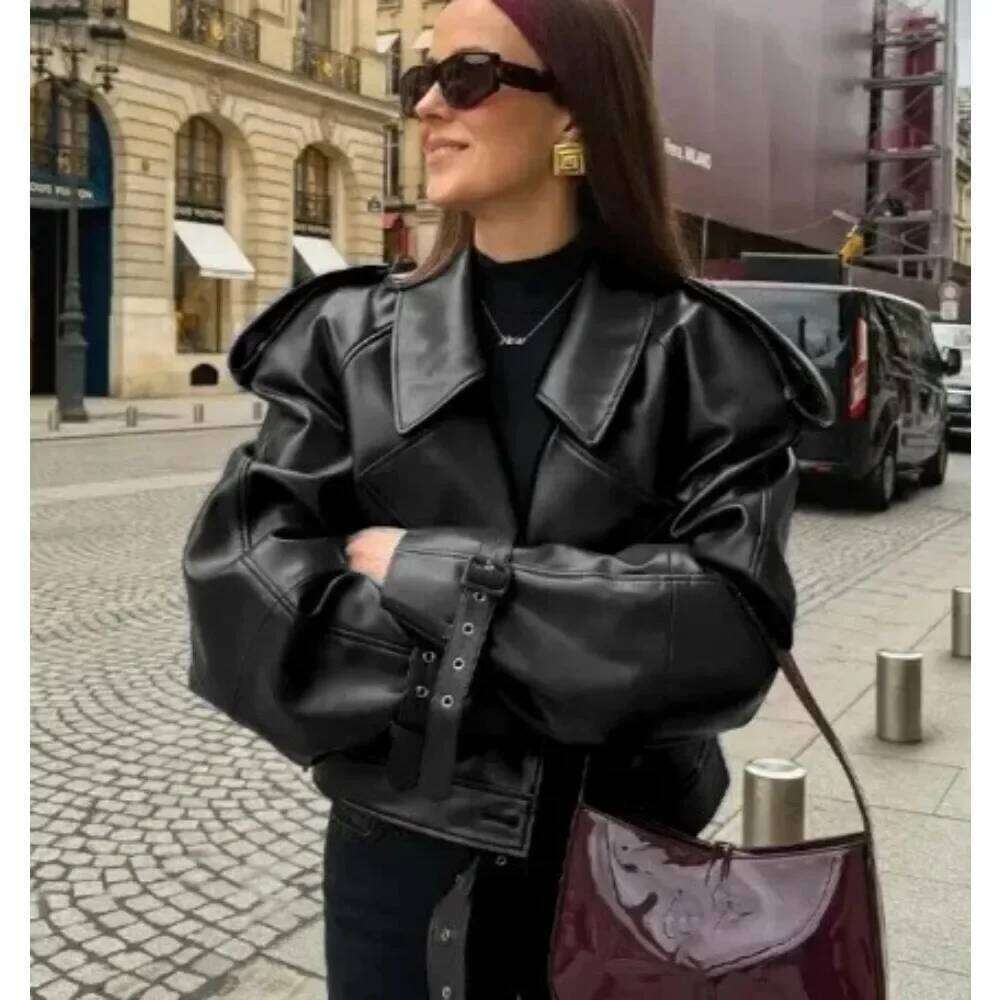 Pop Fashion Lapel Belt Crop Coat Women Elegant Long Sleeved Zipper Pu Jackets Lady Streetwears Clothing Leather Jacke